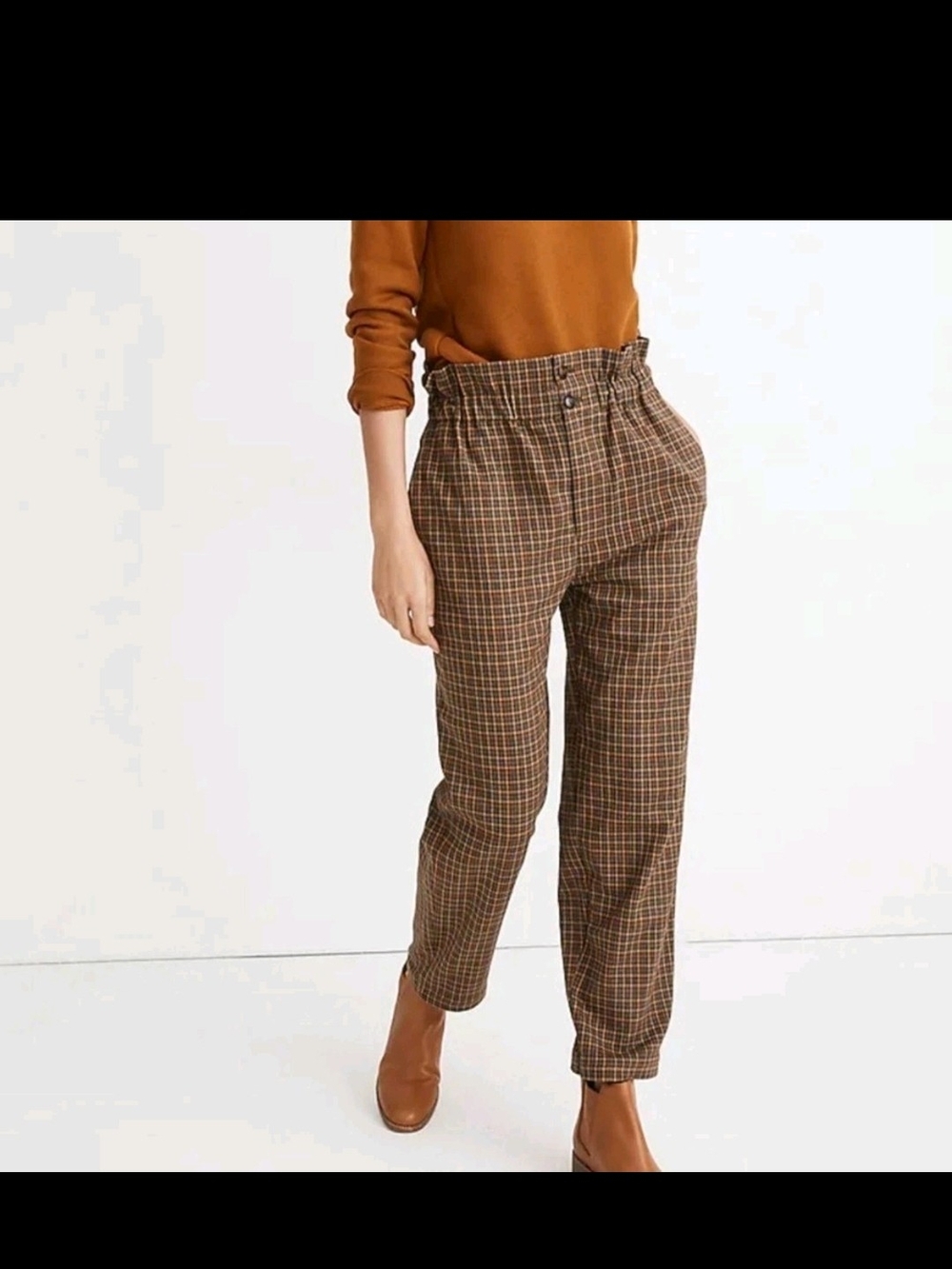 Madewell Plaid Paperbag Tapered Pants High Rise Elastic Waist Trousers Brown